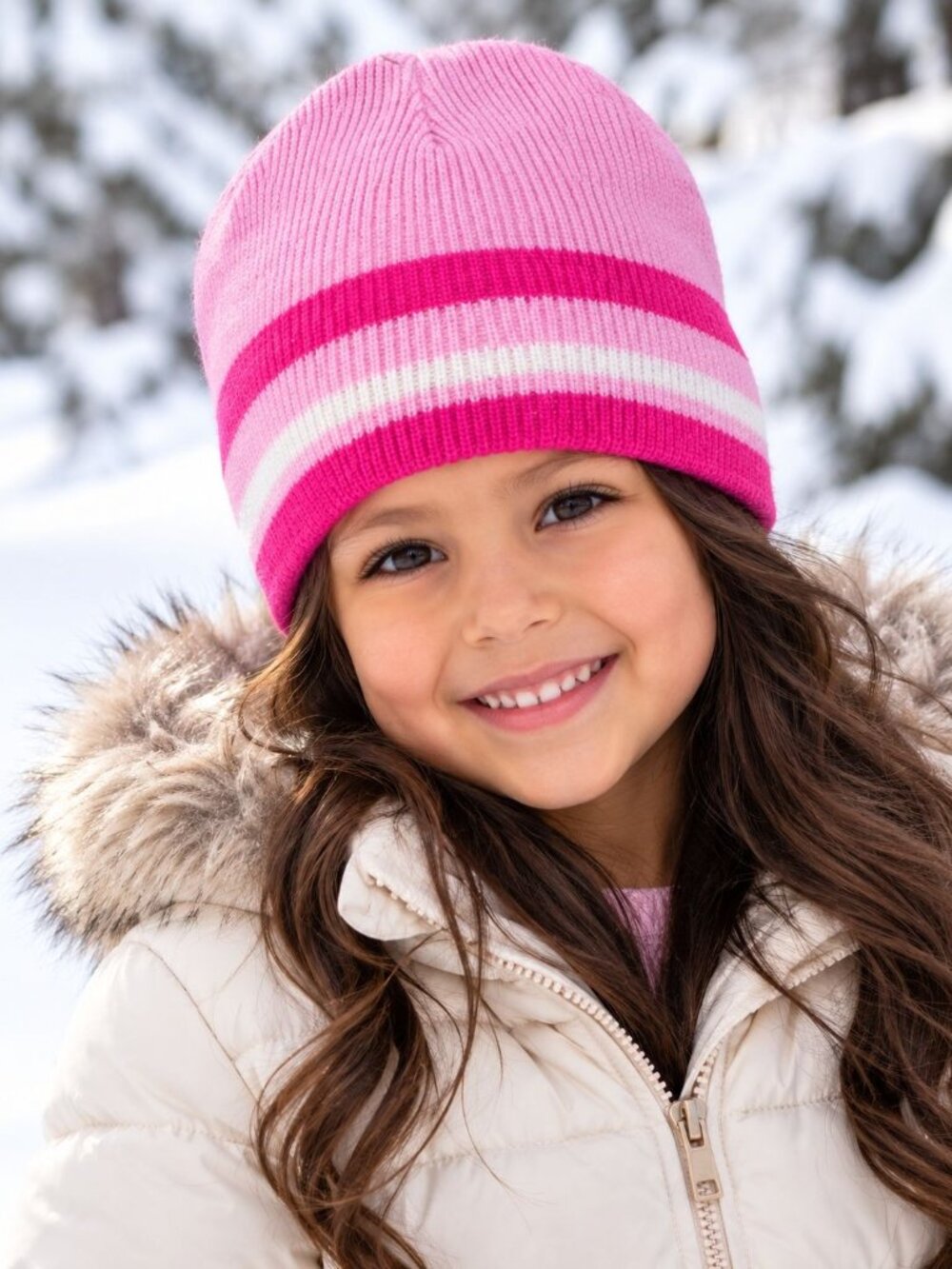 Girls Pink Striped Winter Knit Beanie Hat Cap Child's Warm Soft One Size